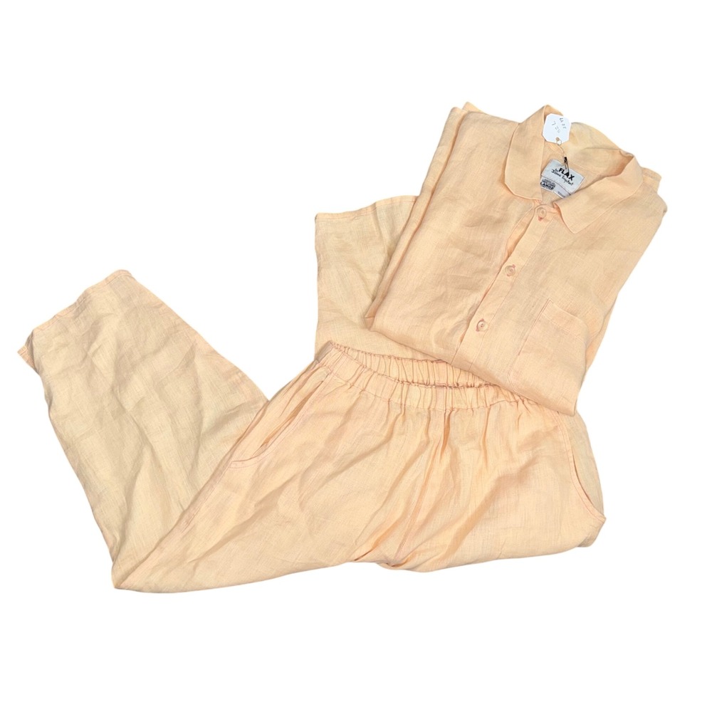 FLAX Linen 2 Piece Set Womens L/S Peach Button Down Shirt & Cropped Pants Good